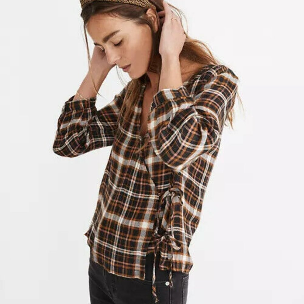 Madewell Top L Plaid Gauze Double Tie Wrap #MC275